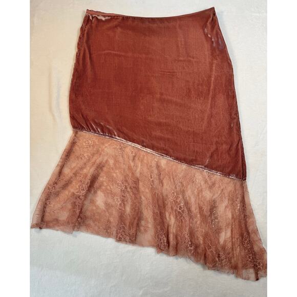 Free People Peach Velvet Lace Asymmetrical Skirt 12 Orange Large Midi Boho - Picture 5 of 13